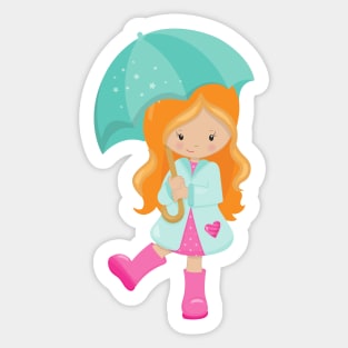 Girl With Umbrella, Girl In Raincoat, Orange Hair Sticker